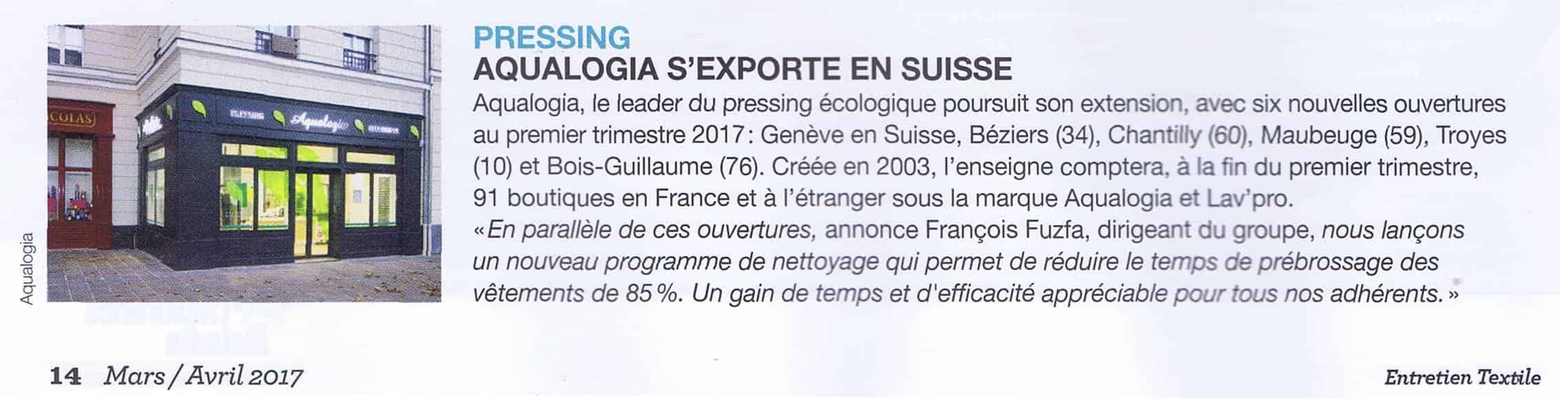 Pressing : Aqualogia s'exporte en Suisse